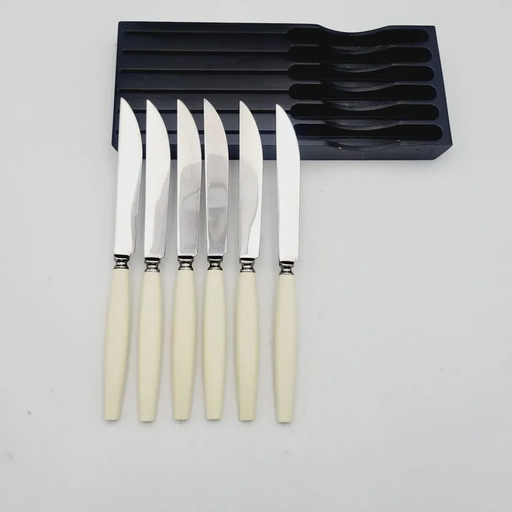Vtg Set 6 Neiman Marcus SHEFFIELD Stainless Steak KNIVES Ivorine Handles England